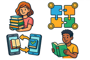 Learning activities at a library, an Education Illustration by ZinetroN