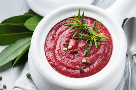 Seasonal fall autumn creamy beetroot soup on a table, a Food & Drink Photo by Antonina Vlasova