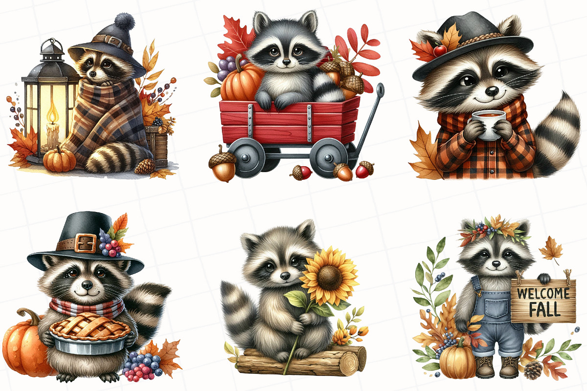 Watercolor Autumn Raccoon Clipart, an Illustration by OK Design (Photo 2 of 5)