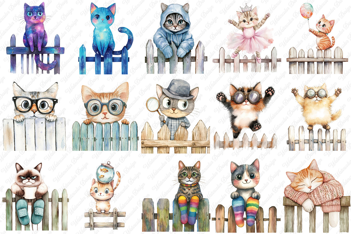 Quirky Cats on a fence clipart, an Illustration by Watercolor design (Photo 2 of 12)