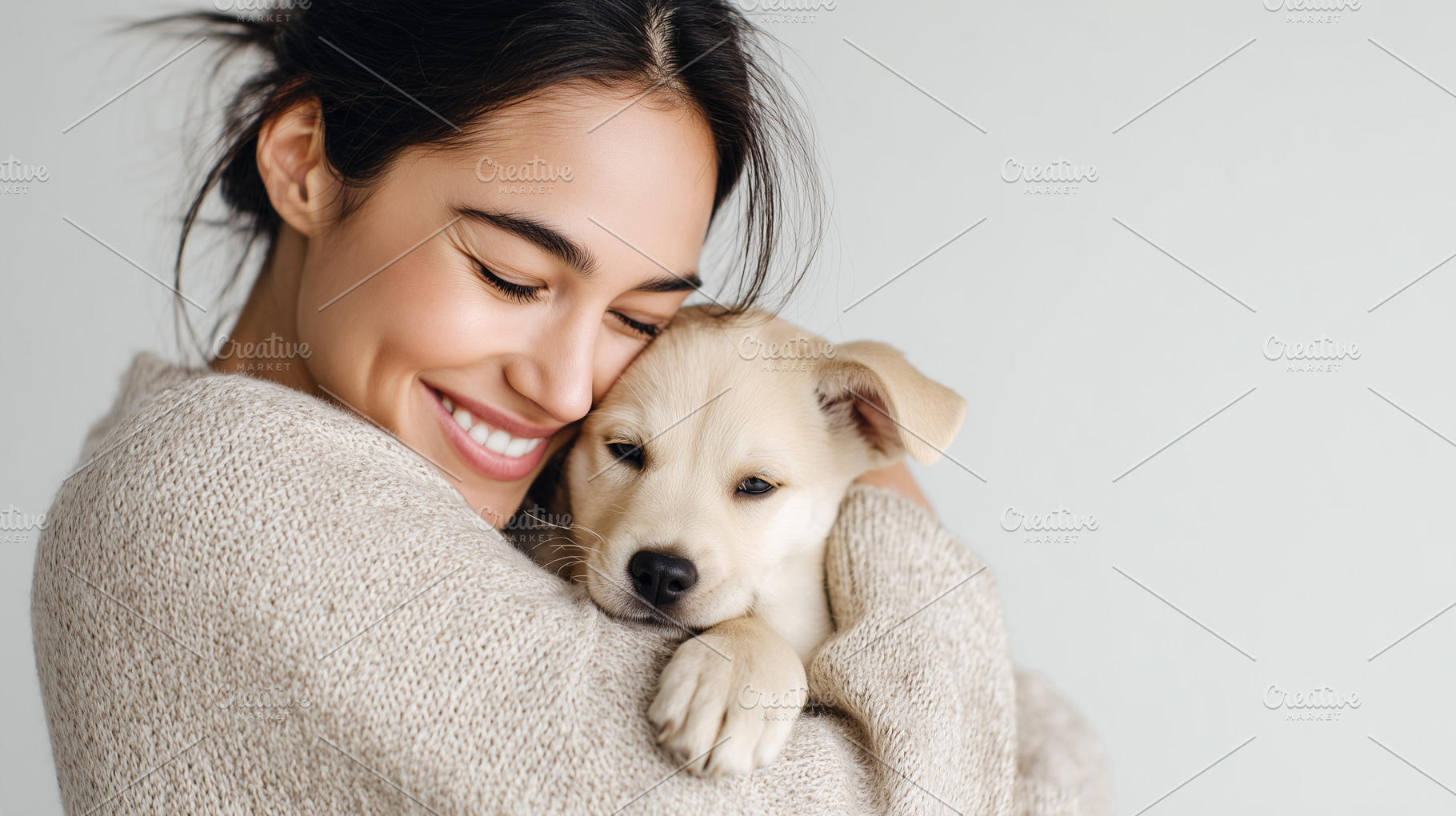 Smiling woman lovingly holds puppy, an Animal Photo by MistyDay
