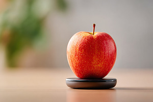 Single red apple resting on a high-tech charging pad in a modern setting, a Photo by AlyaAnd