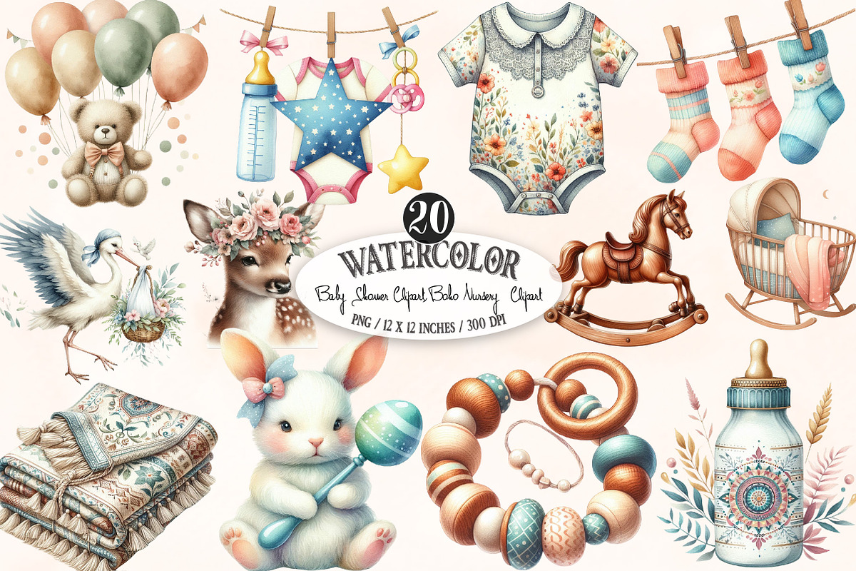 Baby Shower Clipart,Boho Nursery, an Illustration by Designking (Photo 1 of 4)
