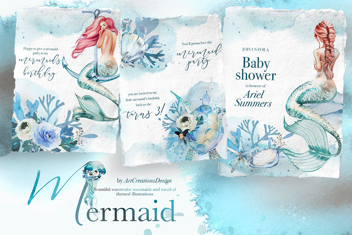 Hand-Painted Mermaid Clipart Set, a Person Illustration by ArtCreationsDesign (Photo 21 of 24)