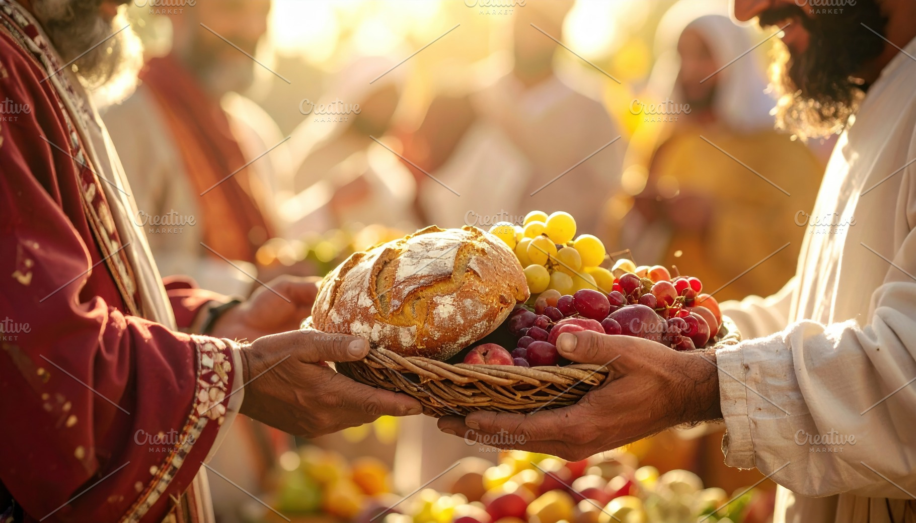 Basket of fresh bread and fruit at a sunny market, a Food & Drink Photo by Igor Tichonow