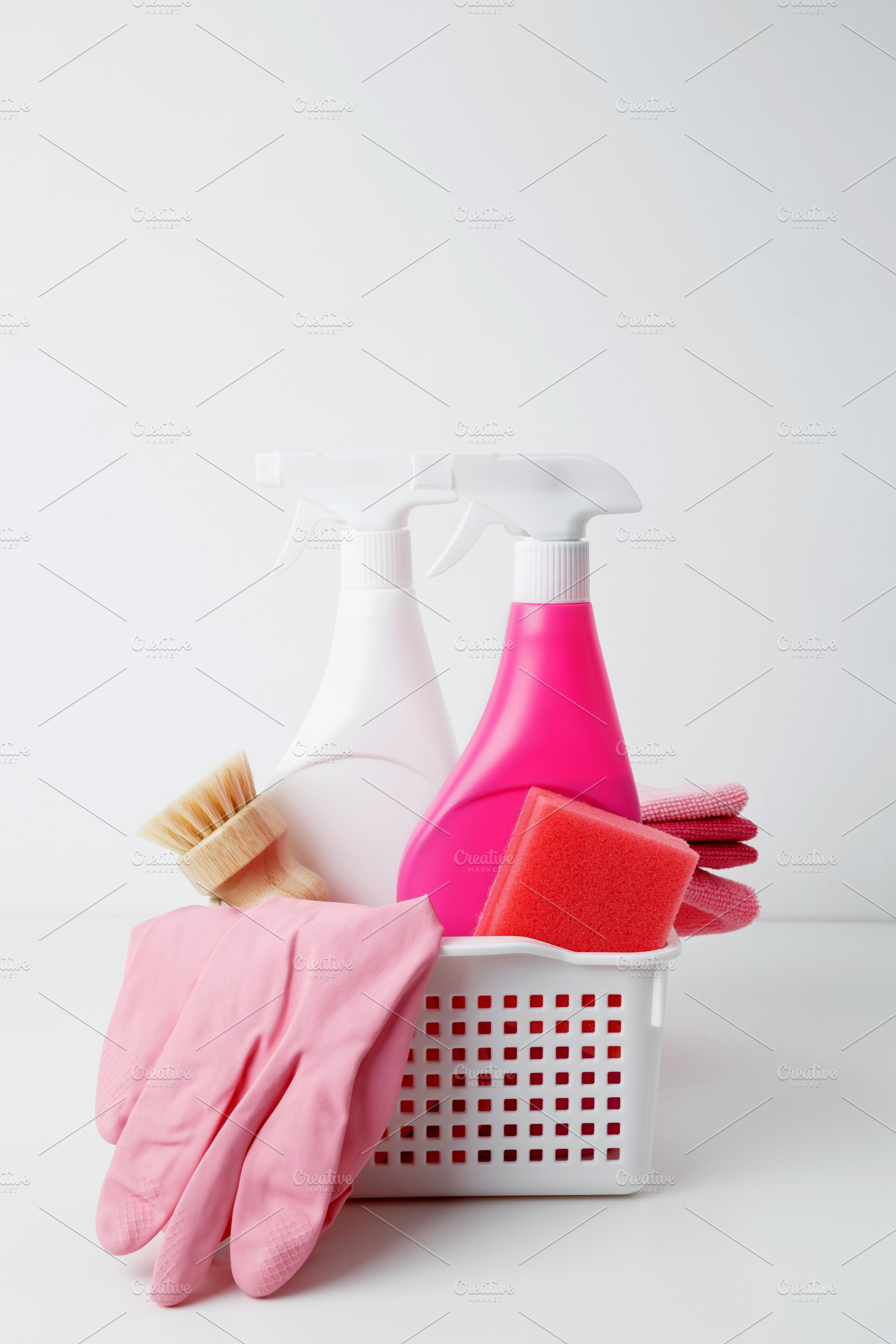 Cleaning supplies in a container, ready for a productive and satisfying spring, a Photo by matucha