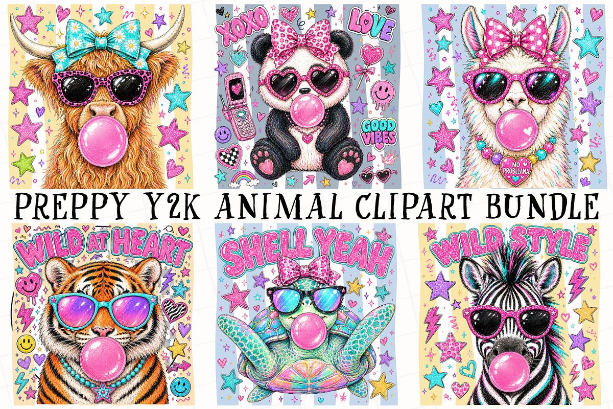 Preppy Y2K Animal Clipart Bundle, a Seasonal Illustration by OK Design (Photo 2 of 6)