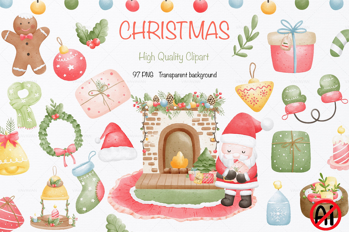 Merry Christmas watercolor clip art, a Seasonal Illustration by Vavavan Artwork (Photo 1 of 5)