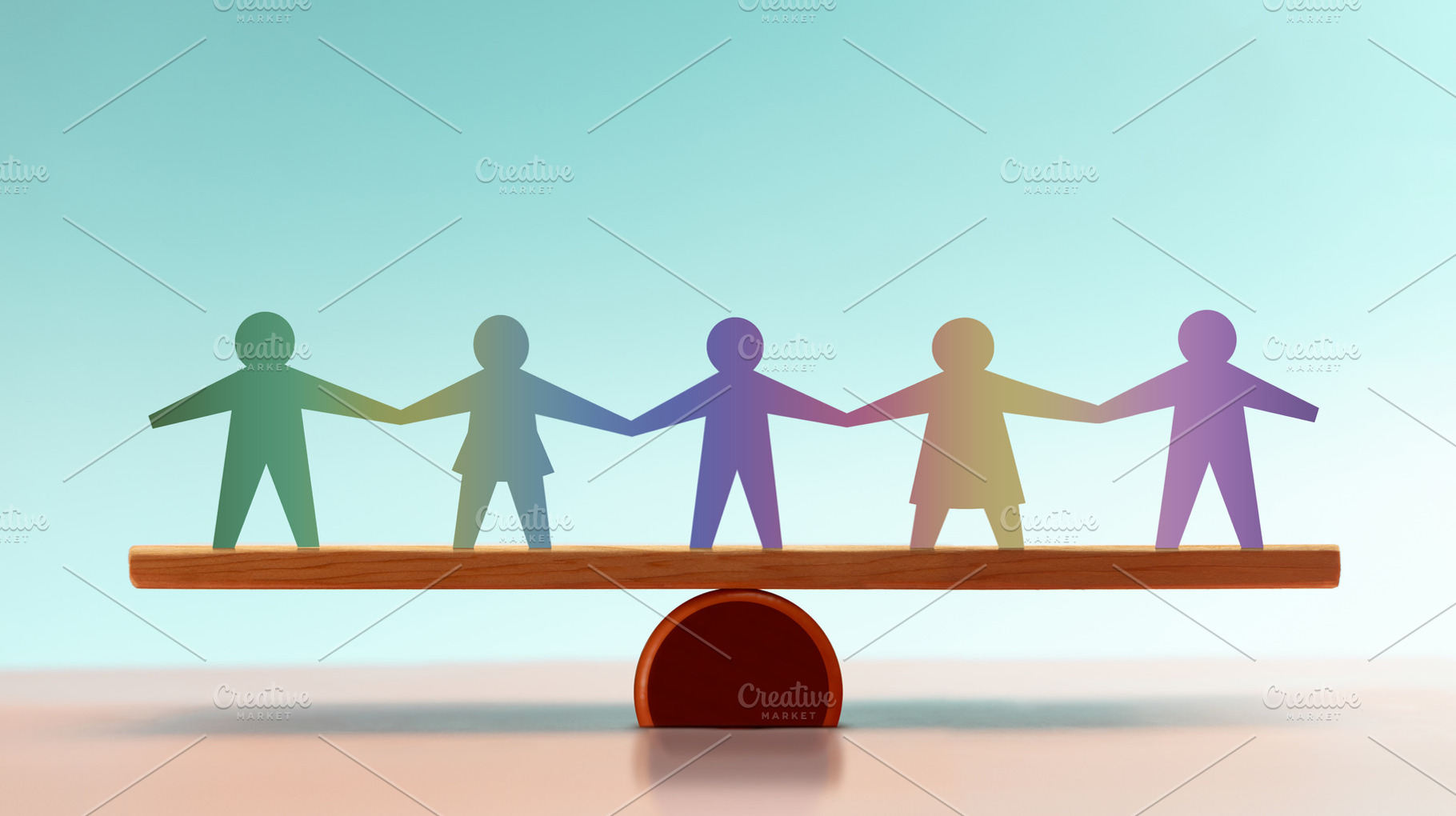 Paper people hold hands while balanced on a wooden beam,equality, a Photo by salmon.black