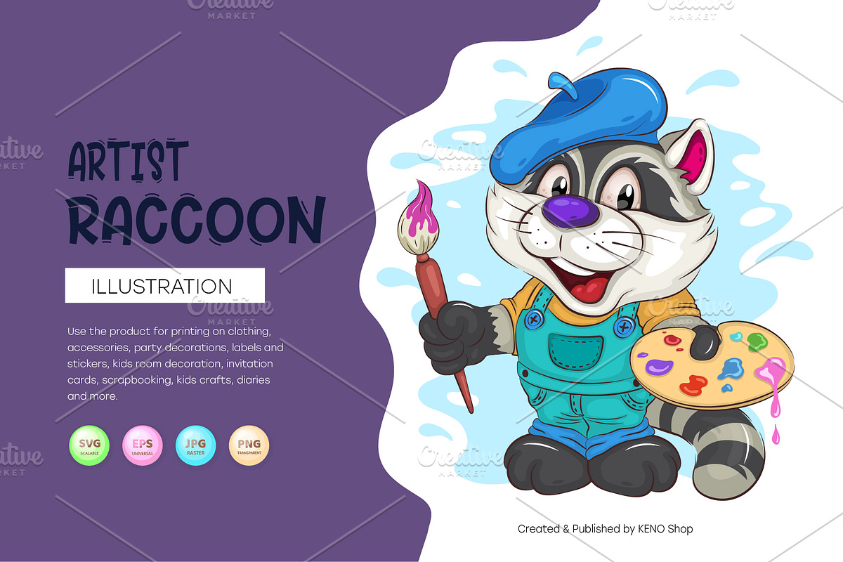 Cartoon Raccoon Artist. T-Shirt, SVG, an Animal Illustration by KENO Mascots (Photo 1 of 3)