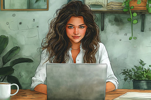 A young woman of Middle-Eastern descent works on a laptop in a cozy, plant-fill, a Person Photo by ImageMir