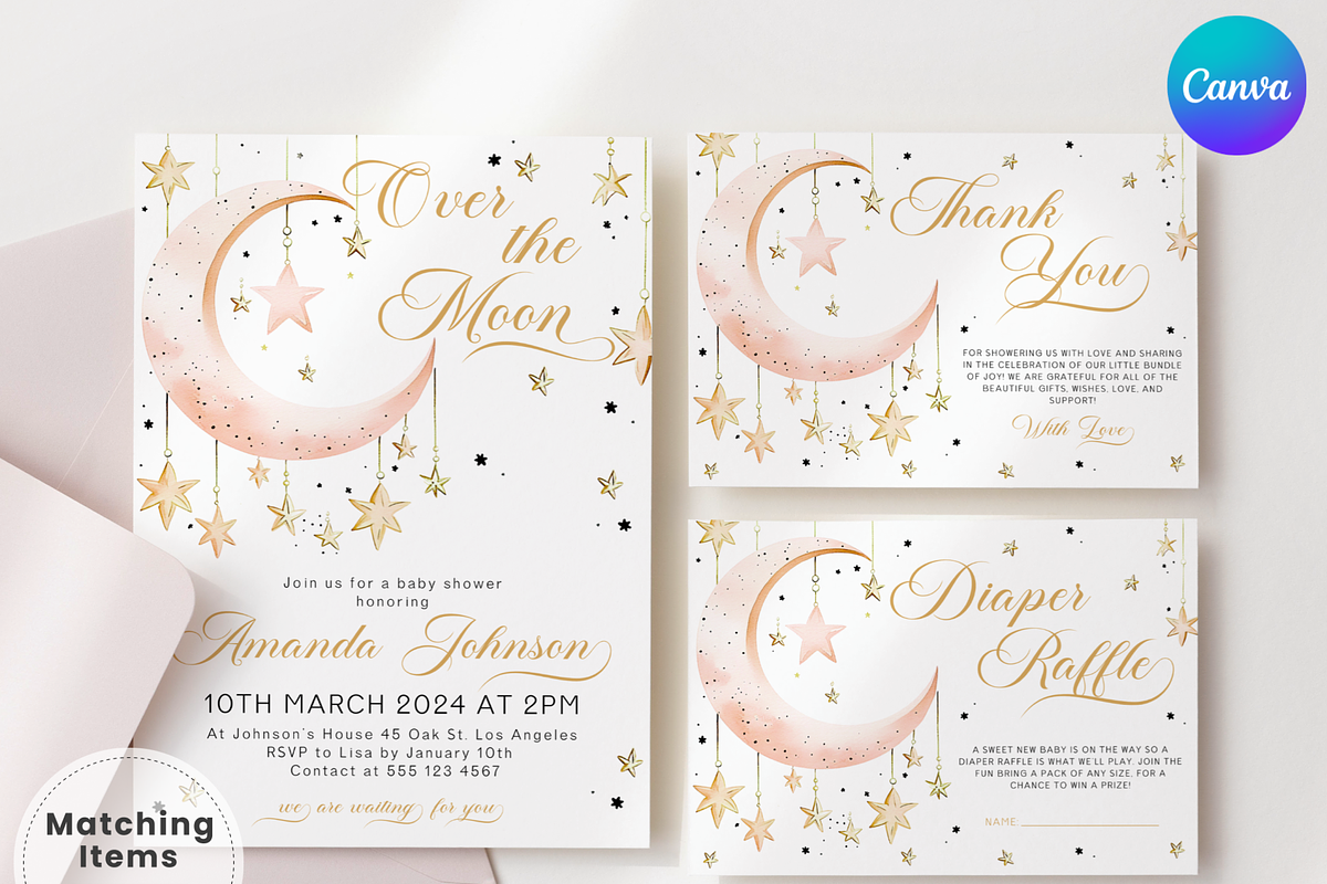 Pink Over the Moon Baby Invite, an Invitation Template by Digital_Mind (Photo 1 of 8)