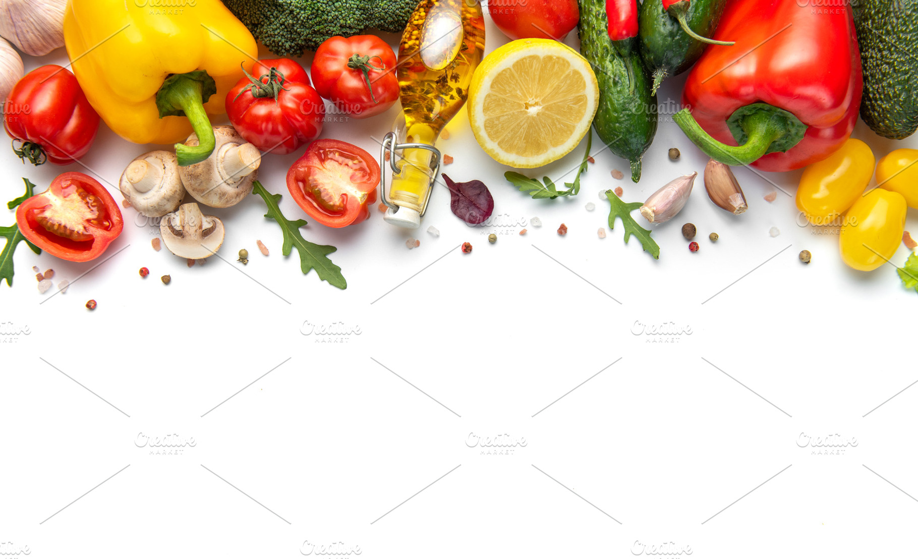 Fresh vegetables and healthy ingredients preparing salad meal, a Food & Drink Photo by Olena Rudo