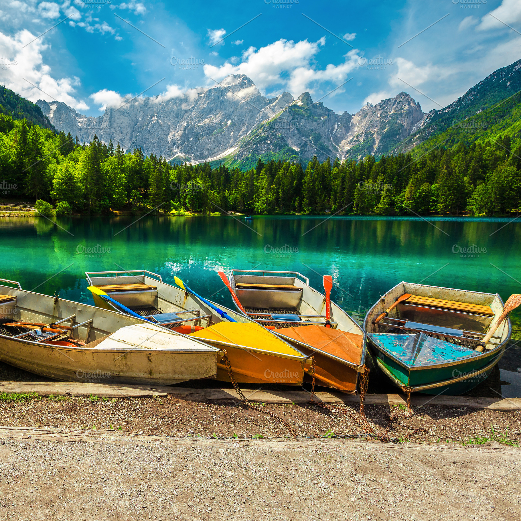 Colorful tourist rowing boats, a Transportation Photo by Alpine Dreams