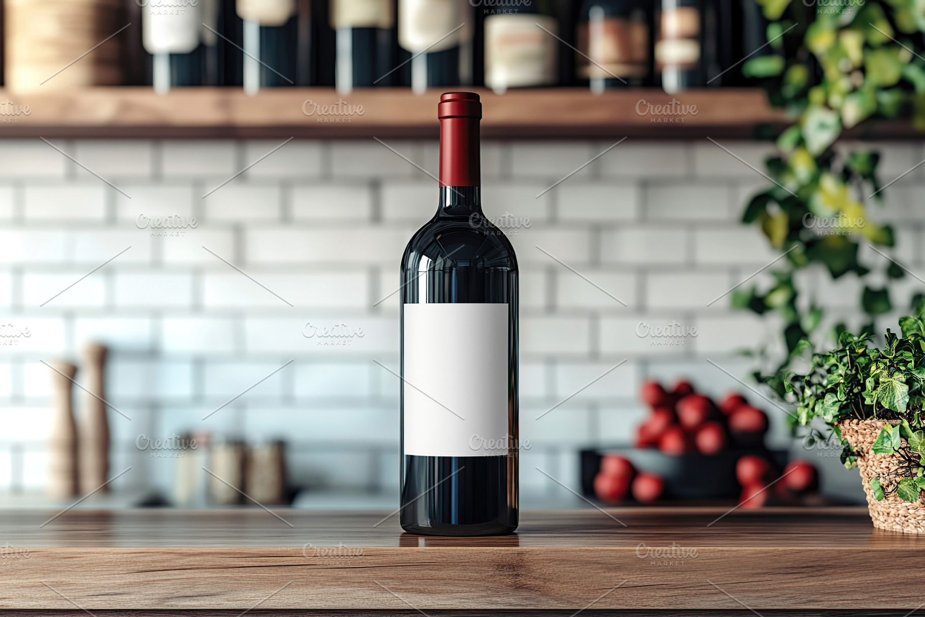Elegant red wine bottle on wooden table in cozy kitchen setting, a Food & Drink Photo by AlyaAnd