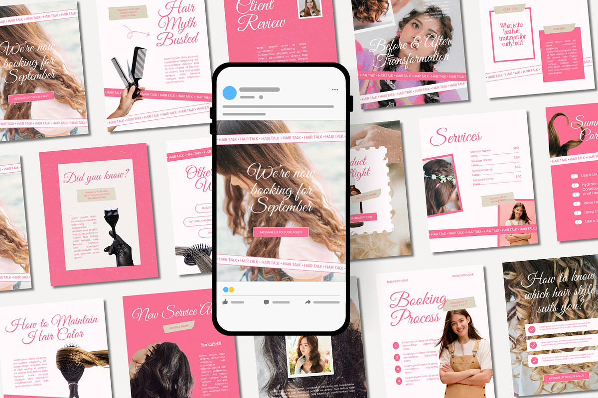Pink Hair Salon Instagram Templates, a Social Media Template by Anna Design Studio (Photo 1 of 9)