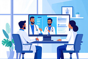 Cartoon illustration doctors team engaged in a virtual consultat, a Technology Illustration by DanFLCreativo