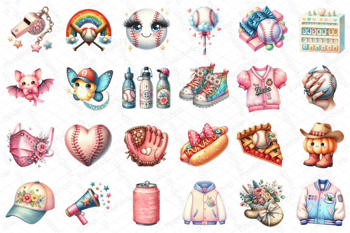 Retro Girly Baseball Clipart, an Illustration by DreamPrint404 (Photo 2 of 5)