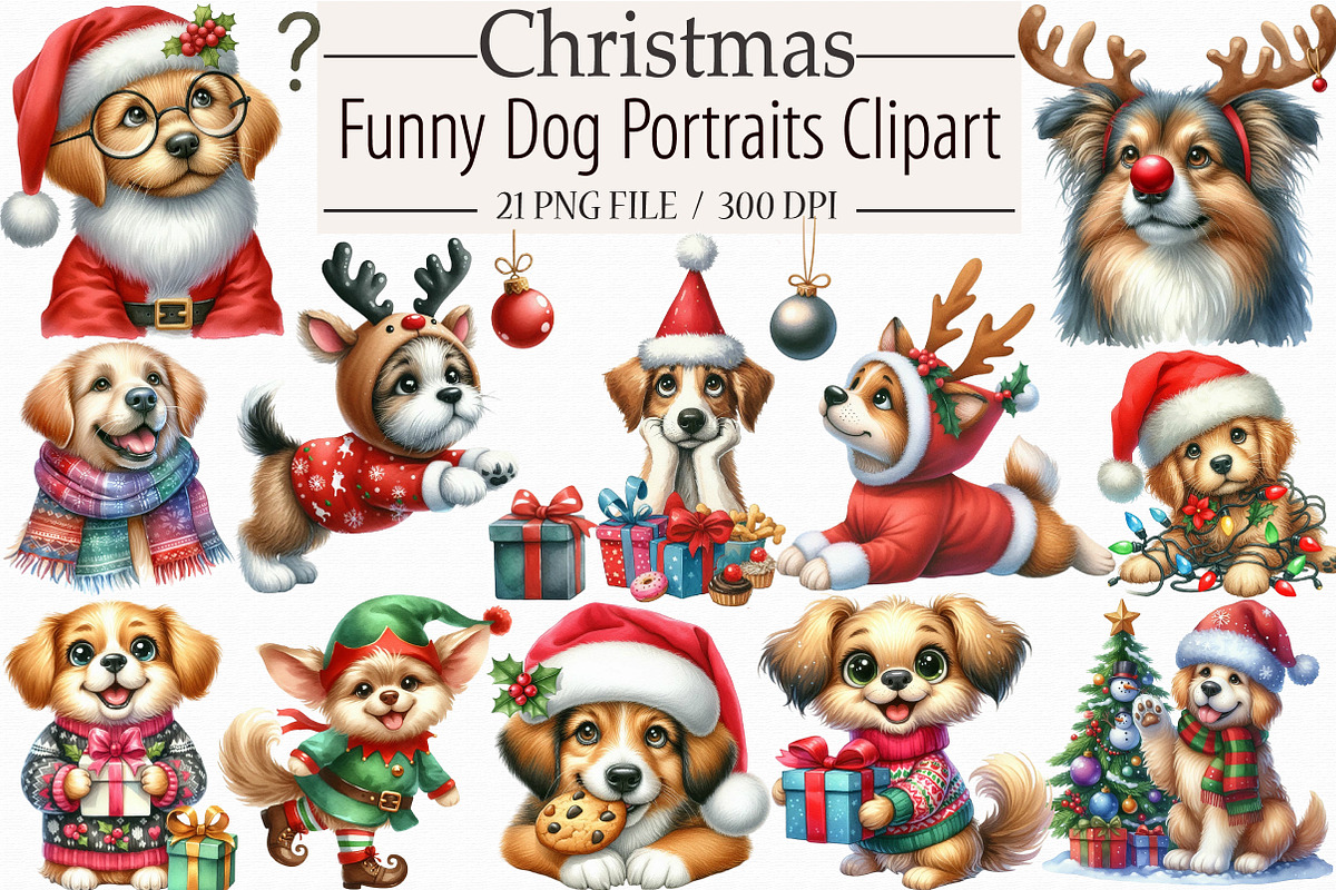Funny Christmas Dog Portraits Clipar, an Illustration by Libby Wishes (Photo 1 of 7)