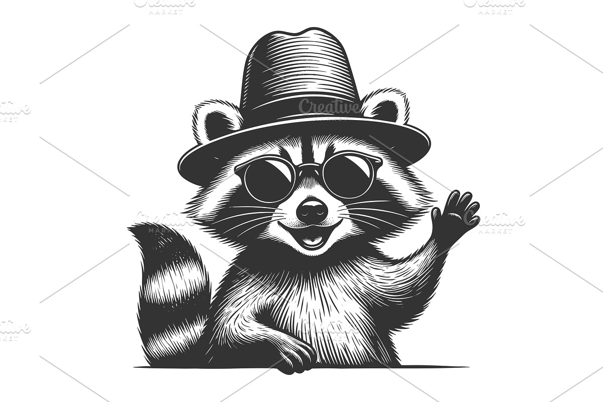 Cool Raccoon Waving in Hat and, an Animal Illustration by AlexArt