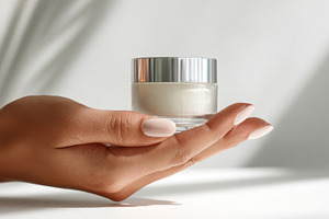 Hand holds a clear jar of cream, a Photo by Beautiful things