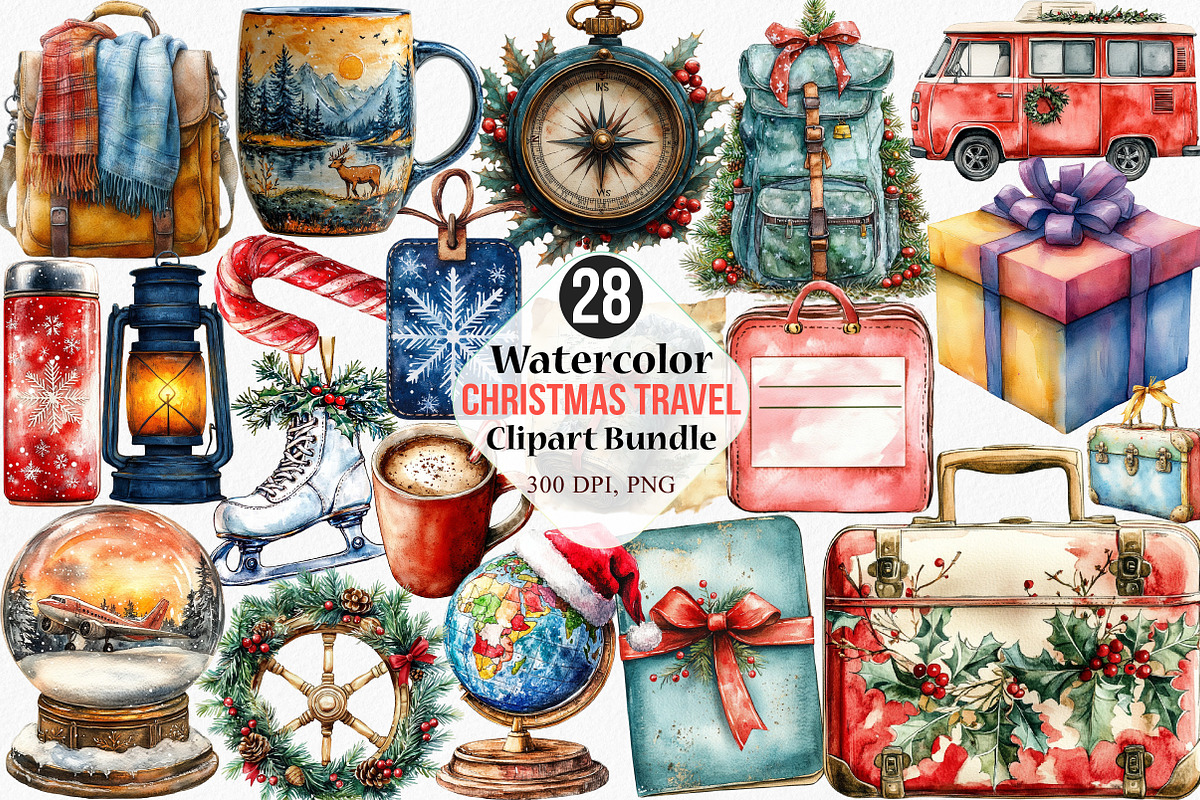 Watercolor Christmas Travel Clipart, an Illustration by Canvas Craft (Photo 1 of 7)