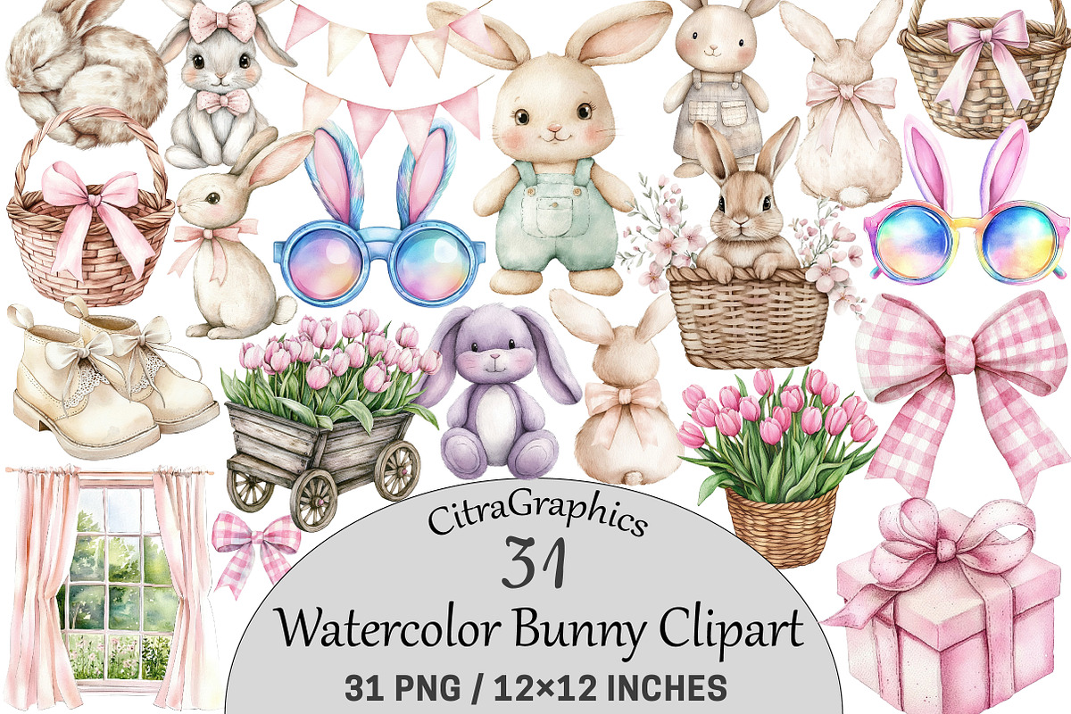 Watercolor Bunny Clipart, a Seasonal Illustration by CitraGraphics (Photo 1 of 6)