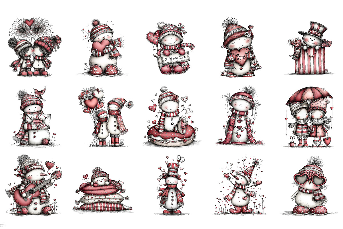 Whimsical Valentine Snowmen Clipart, an Illustration by DreamArtGraphic (Photo 2 of 4)
