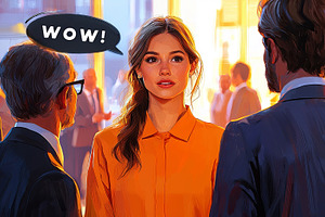 Woman in orange shirt engaging in lively conversation with colleagues, a Photo by AS photostudio