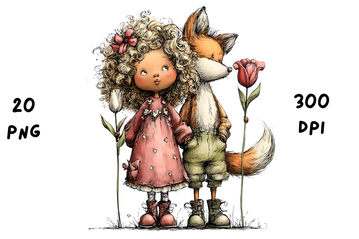 Whimsical Floral Girl & Fox Clipart, an Animal Illustration by GiraffeCreative (Photo 18 of 20)