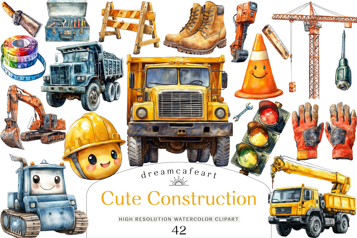 Cute Construction Watercolor Clipart, an Illustration by DreamCafeArt (Photo 1 of 5)