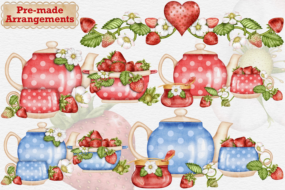 Strawberry Watercolor Tea Party., a Food Illustration by Happy Sloth Graphics (Photo 7 of 13)
