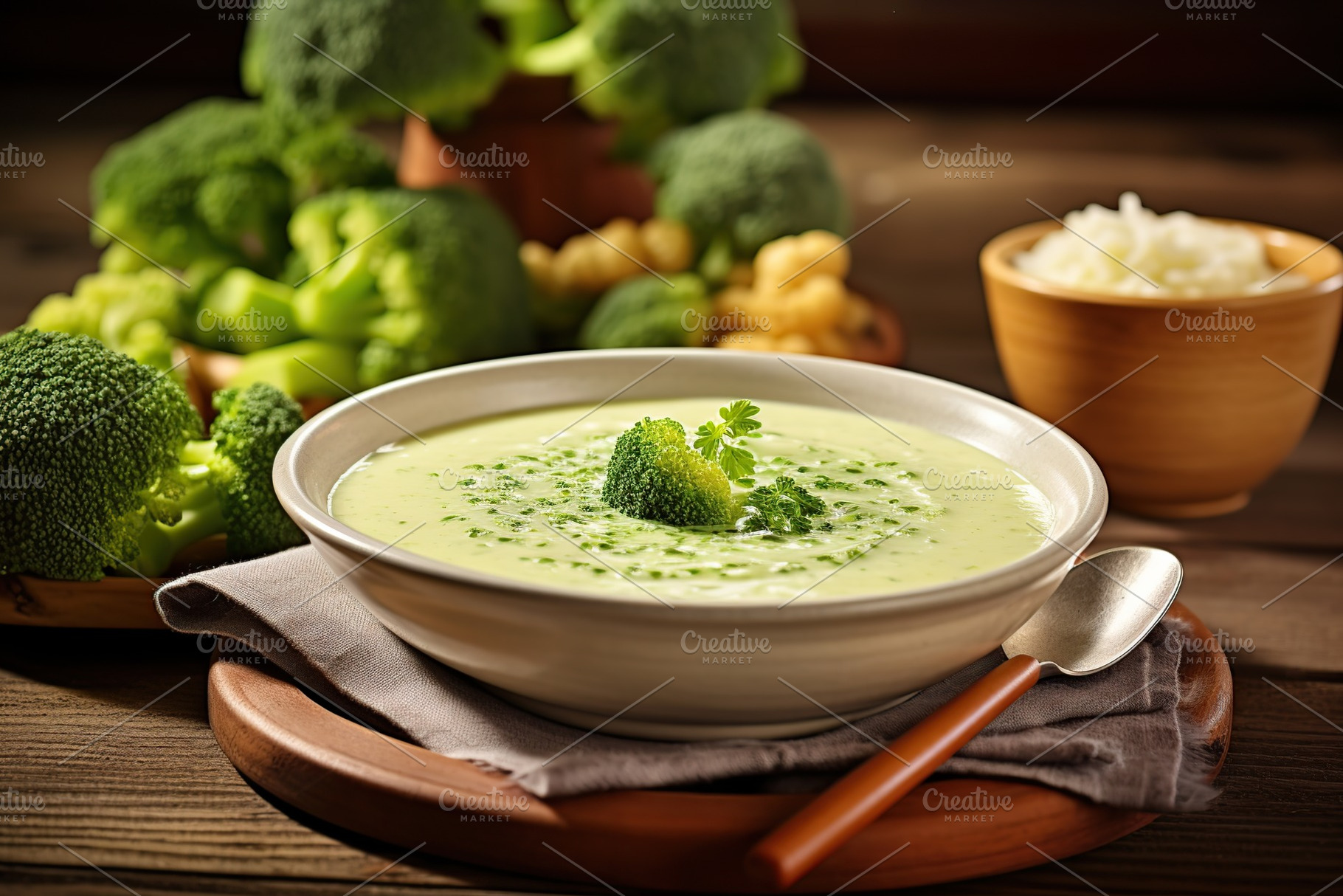 Green broccoli cream soup in plate, a Food & Drink Photo by AlyaAnd