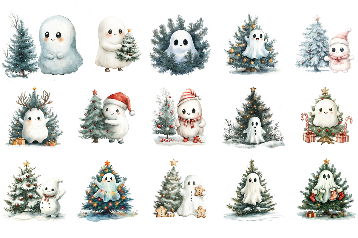 Cute Christmas Holiday Ghosts PNG, an Illustration by Designking (Photo 3 of 5)