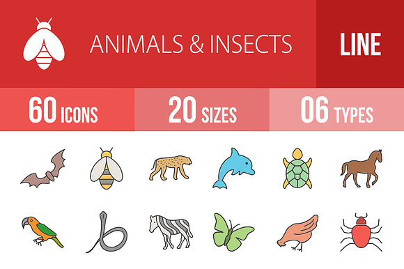 60 Animals Insects Line Filled Icons