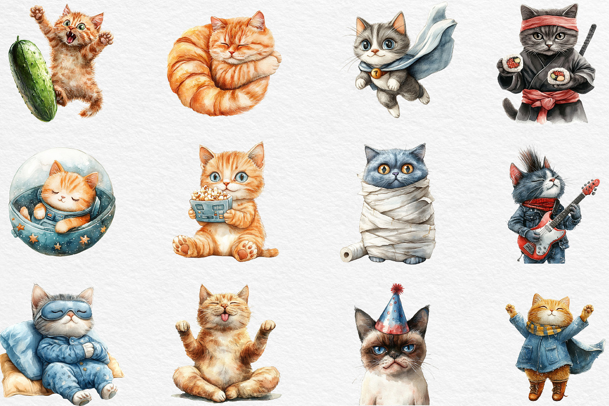 Funny Cat Clipart Quirky Cat Clipart, an Illustration by Black Bird Studio (Photo 2 of 6)