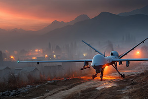 Advanced drone parked on rural path at sunset with glowing lights, a Photo by AS photostudio