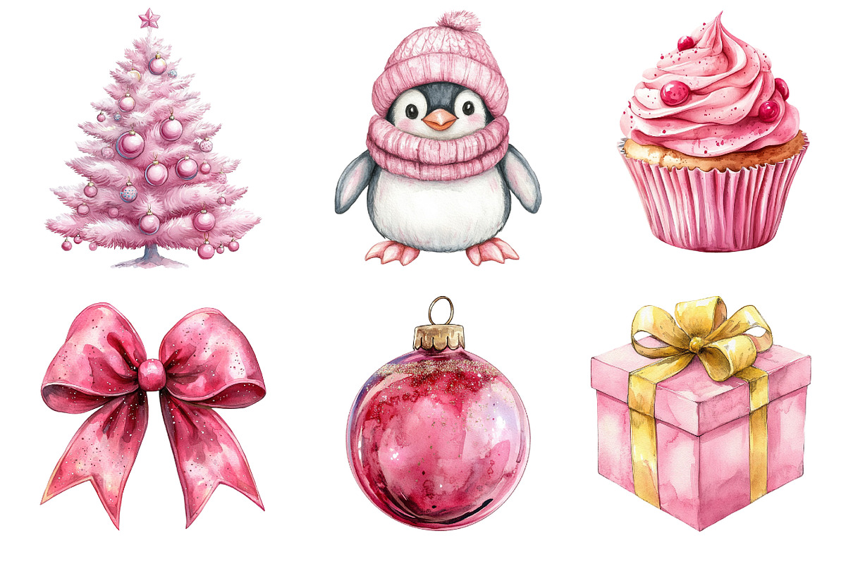 Pink Christmas Watercolor Clipart, an Illustration by Dream Creation (Photo 7 of 7)