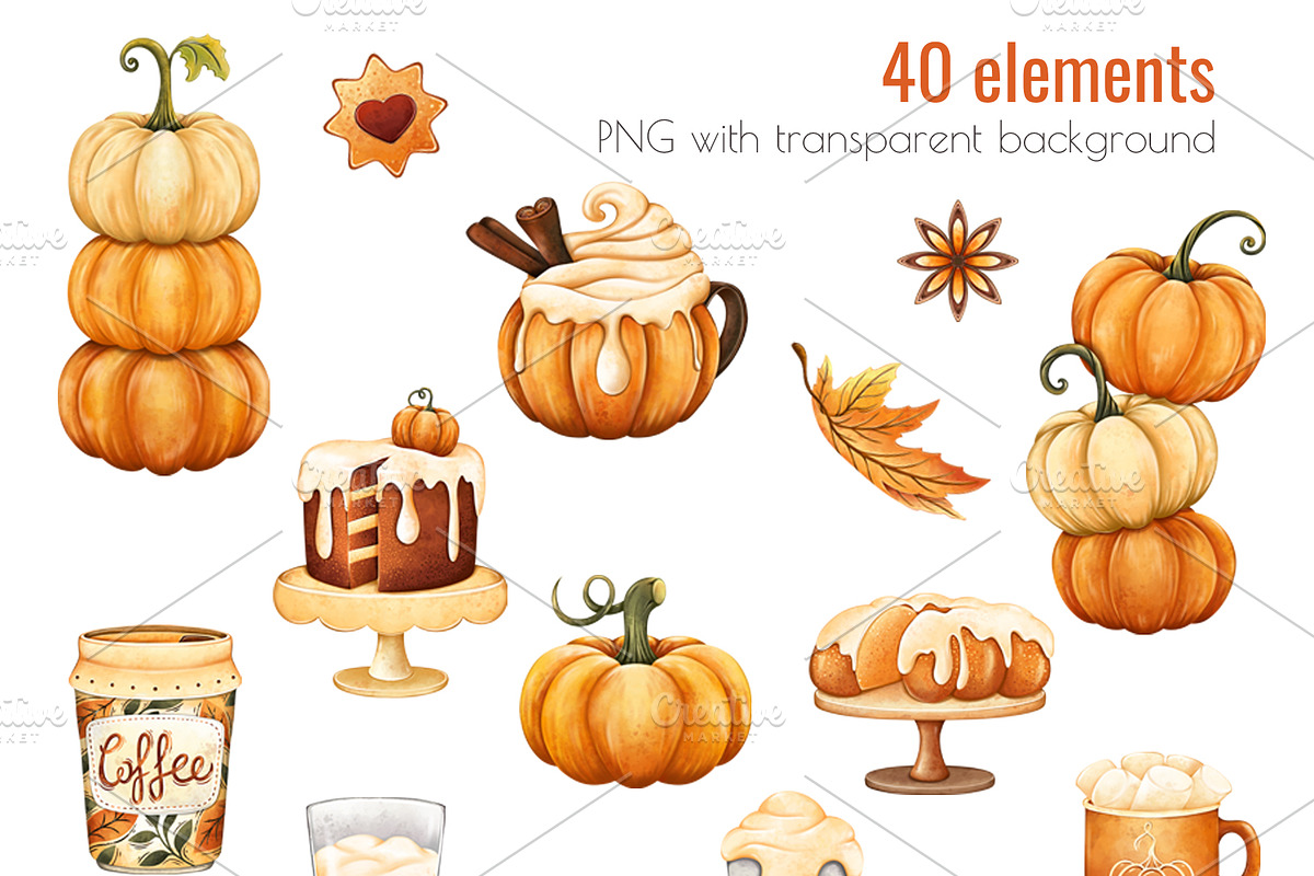 Watercolor Pumpkin spice Clipart PNG, a Food Illustration by Mespilia (Photo 3 of 5)