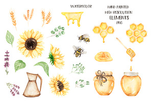 Watercolor Sunflowers, Honey & Bees