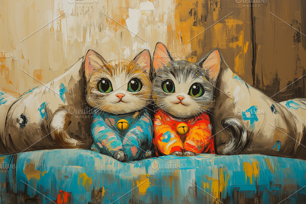 Kittens on Couch in Pajamas Art, an Animal Illustration by Art Paradise Studios
