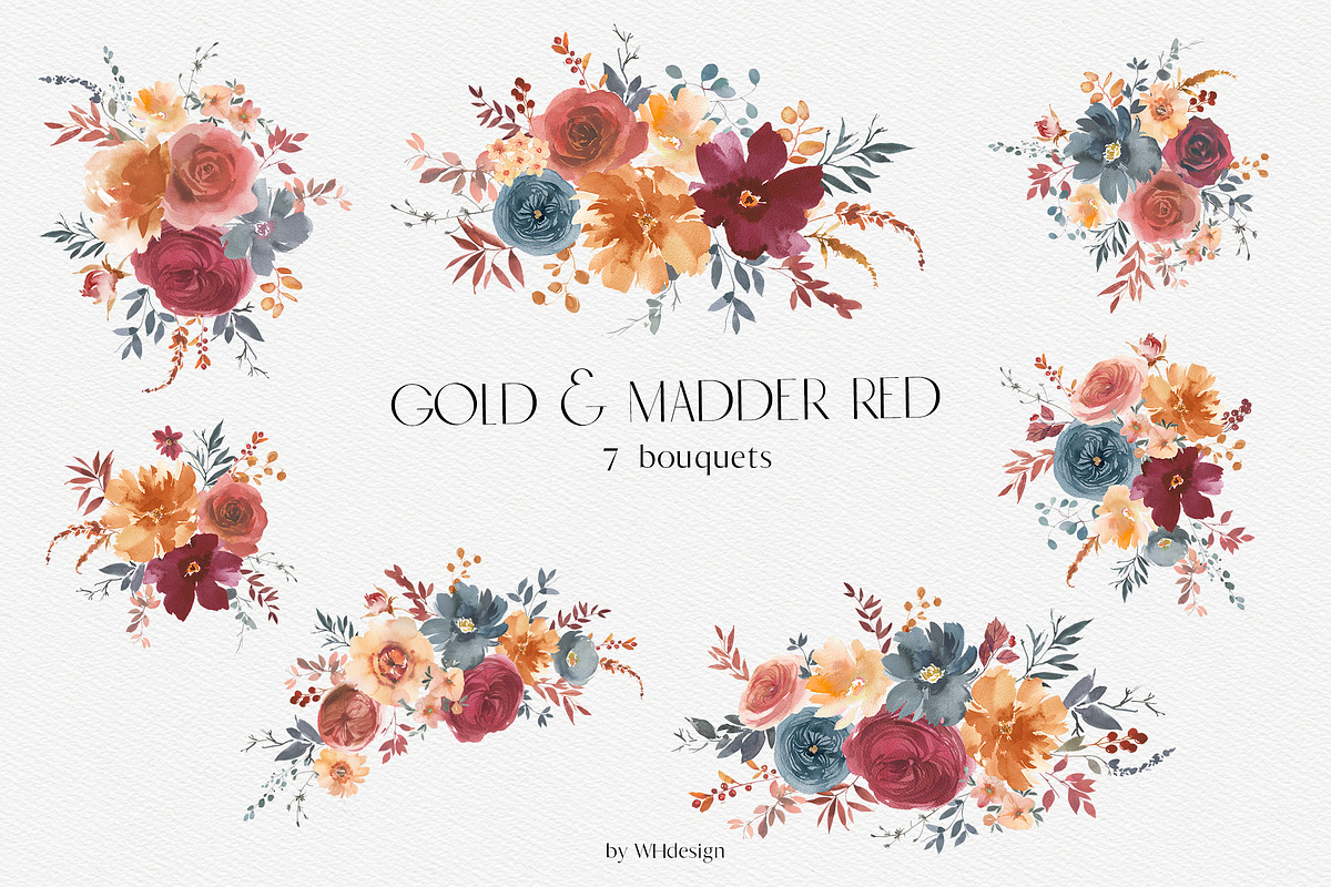 Gold & Madder Red Watercolor Flowers, an Illustration by whiteheartdesign (Photo 2 of 9)