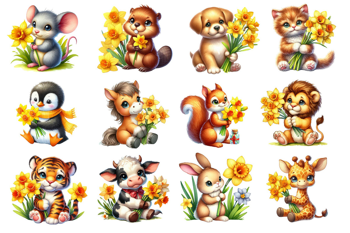 Cute Animals with Daffodils Flowers, an Illustration by Dream Creation (Photo 3 of 4)