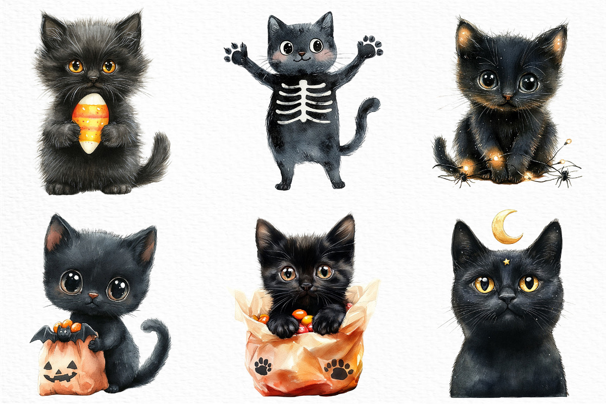 Watercolor Cute Halloween Black Cats, an Illustration by Craft Nest (Photo 3 of 6)