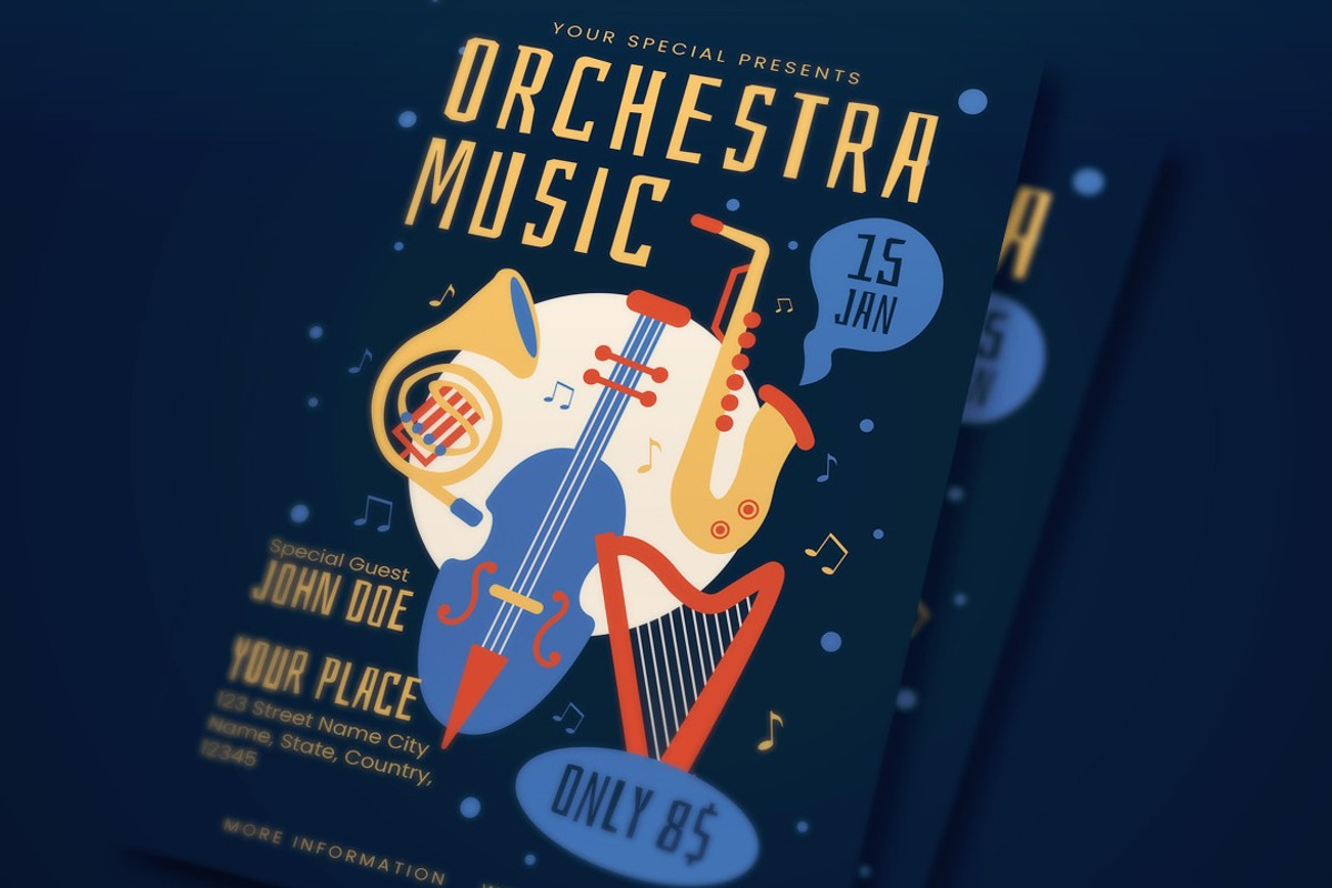 Blue Flat Orchestra Music Flyer Set, a Flyer Template by graphicook (Photo 2 of 3)