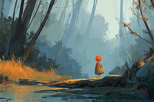 Illustration of a child with red hair standing by a stream in a, an Abstract Photo by Ales Munt