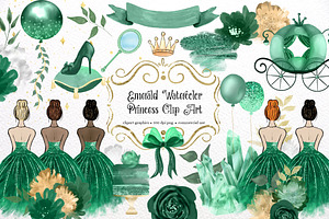 Emerald Watercolor Princess Clipart