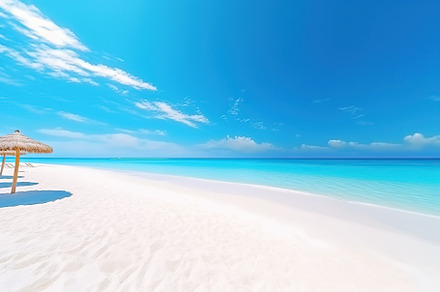 Illustrative of tropical beach with ocean, blue sky and white clouds. Generativ, a Nature Photo by AlyaAnd