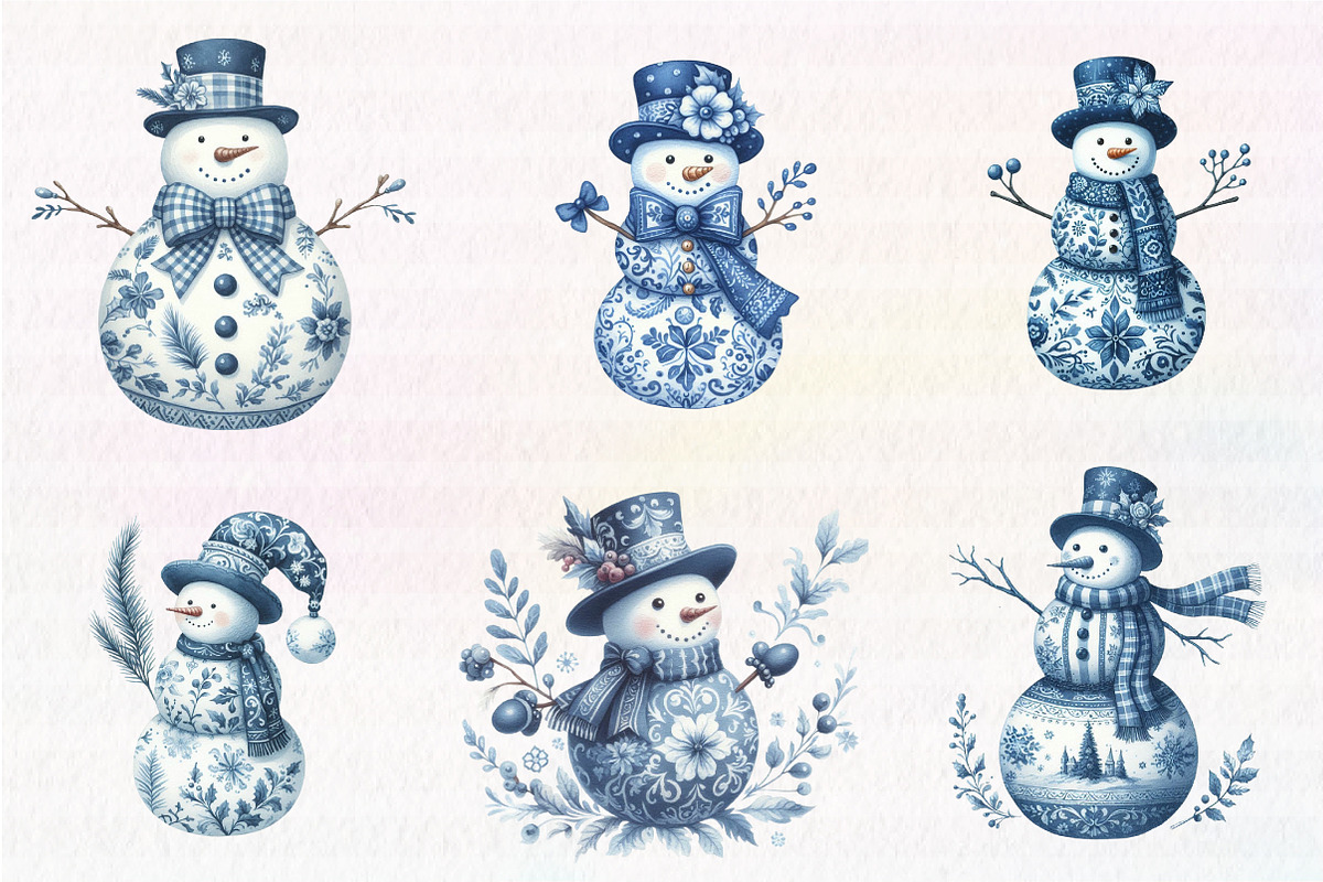 Christmas Blue Toile Snowman Clipart, an Illustration by CreationArt (Photo 3 of 6)