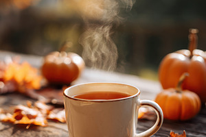 Cozy autumn drink with pumpkins and leaves, a Food & Drink Photo by AlyaAnd